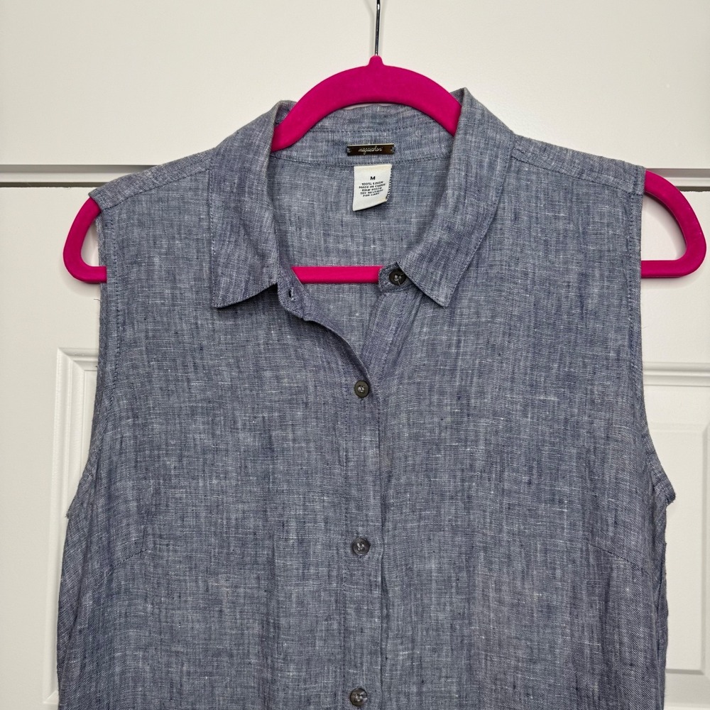 Magaschoni Blue Chambray Linen Button-Up Midi Shirt Dress Sleeveless Sz Medium - Picture 3 of 6